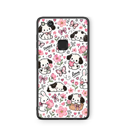 Θήκη Huawei P10 Lite Pink Florals Puppies and Bunnies on White από τη Smartfits με σχέδιο στο πίσω μέρος και μαύρο περίβλημα | Huawei P10 Lite Pink Florals Puppies and Bunnies on White case with colorful back and black bezels
