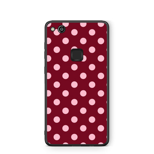 Θήκη Huawei P10 Lite Pink Polka Dots on Burgundy από τη Smartfits με σχέδιο στο πίσω μέρος και μαύρο περίβλημα | Huawei P10 Lite Pink Polka Dots on Burgundy case with colorful back and black bezels