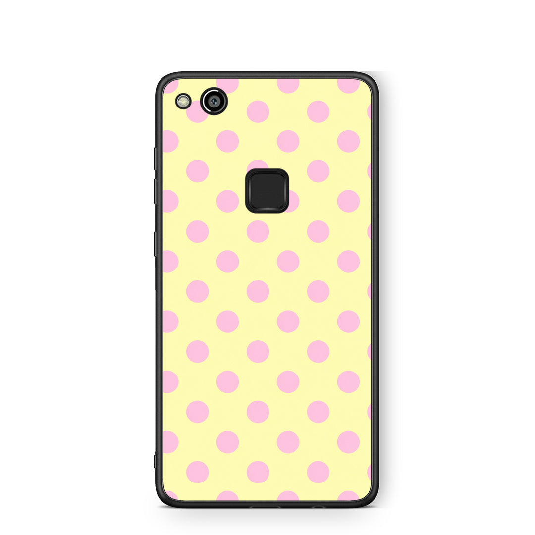 Θήκη Huawei P10 Lite Pink Polka Dots on Yellow από τη Smartfits με σχέδιο στο πίσω μέρος και μαύρο περίβλημα | Huawei P10 Lite Pink Polka Dots on Yellow case with colorful back and black bezels