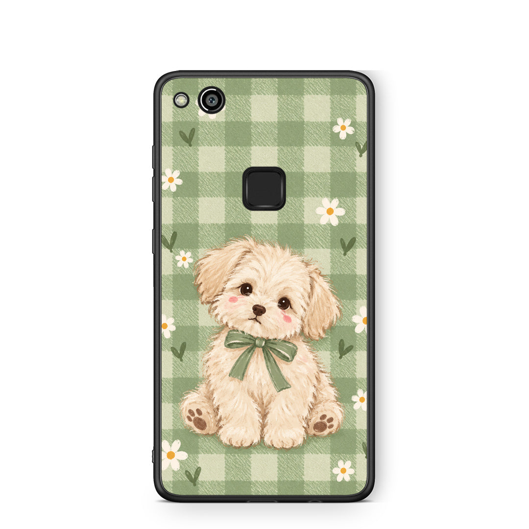 Θήκη Huawei P10 Lite Puppy and Daisies on Sage Gingham από τη Smartfits με σχέδιο στο πίσω μέρος και μαύρο περίβλημα | Huawei P10 Lite Puppy and Daisies on Sage Gingham case with colorful back and black bezels