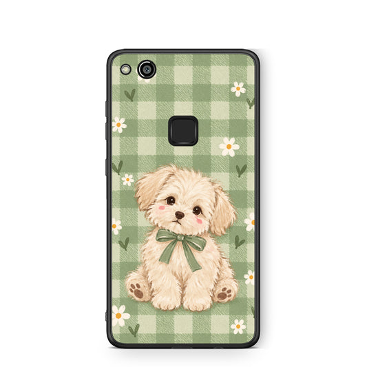 Θήκη Huawei P10 Lite Puppy and Daisies on Sage Gingham από τη Smartfits με σχέδιο στο πίσω μέρος και μαύρο περίβλημα | Huawei P10 Lite Puppy and Daisies on Sage Gingham case with colorful back and black bezels