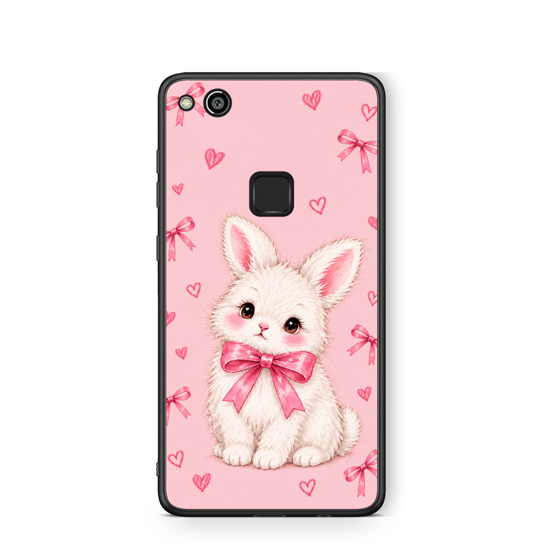 Θήκη Huawei P10 Lite White Bunny and Pink Bows από τη Smartfits με σχέδιο στο πίσω μέρος και μαύρο περίβλημα | Huawei P10 Lite White Bunny and Pink Bows case with colorful back and black bezels
