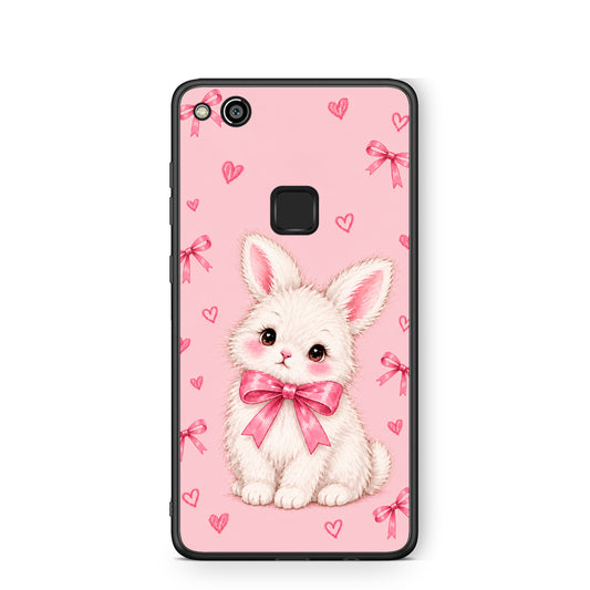 Θήκη Huawei P10 Lite White Bunny and Pink Bows από τη Smartfits με σχέδιο στο πίσω μέρος και μαύρο περίβλημα | Huawei P10 Lite White Bunny and Pink Bows case with colorful back and black bezels