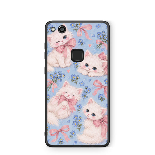 Θήκη Huawei P10 Lite White Kittens and Blue Flowers Large από τη Smartfits με σχέδιο στο πίσω μέρος και μαύρο περίβλημα | Huawei P10 Lite White Kittens and Blue Flowers Large case with colorful back and black bezels