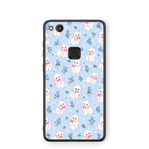 Θήκη Huawei P10 Lite White Kittens and Blue Flowers Small από τη Smartfits με σχέδιο στο πίσω μέρος και μαύρο περίβλημα | Huawei P10 Lite White Kittens and Blue Flowers Small case with colorful back and black bezels
