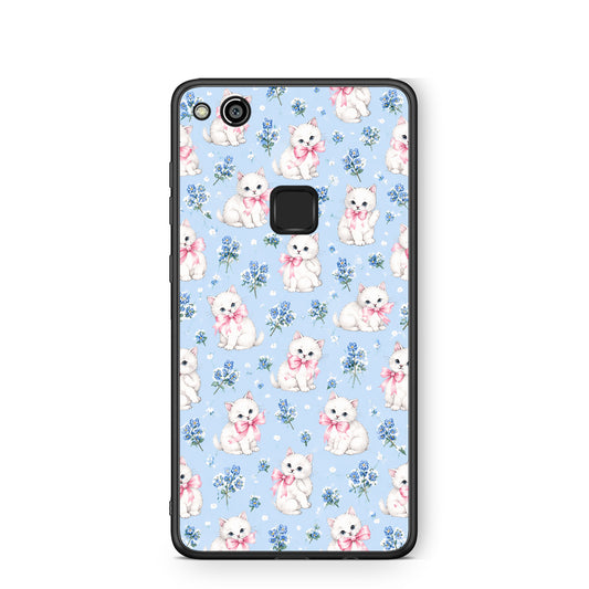 Θήκη Huawei P10 Lite White Kittens and Blue Flowers Small από τη Smartfits με σχέδιο στο πίσω μέρος και μαύρο περίβλημα | Huawei P10 Lite White Kittens and Blue Flowers Small case with colorful back and black bezels
