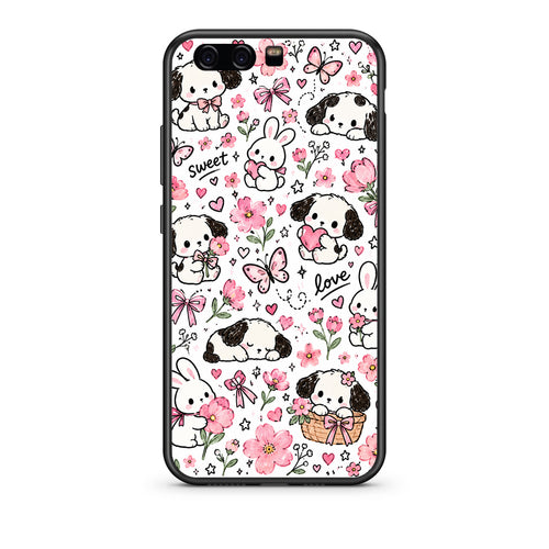 Θήκη Huawei P10 Pink Florals Puppies and Bunnies on White από τη Smartfits με σχέδιο στο πίσω μέρος και μαύρο περίβλημα | Huawei P10 Pink Florals Puppies and Bunnies on White case with colorful back and black bezels
