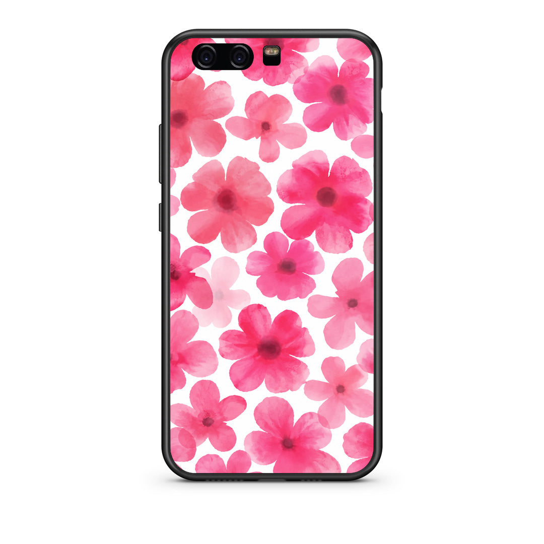 Θήκη Huawei P10 Pink Watercolour Flowers on White από τη Smartfits με σχέδιο στο πίσω μέρος και μαύρο περίβλημα | Huawei P10 Pink Watercolour Flowers on White case with colorful back and black bezels