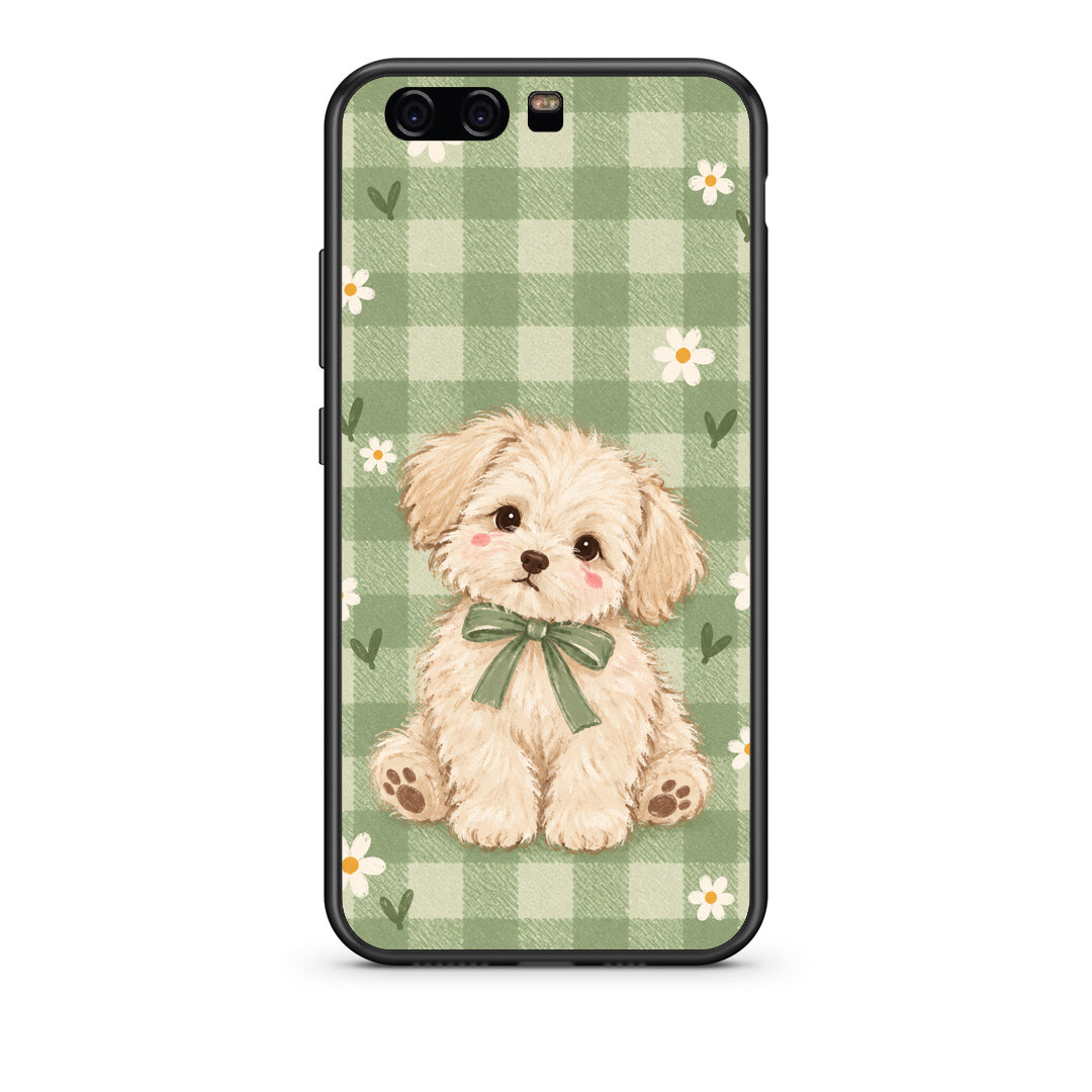 Θήκη Huawei P10 Puppy and Daisies on Sage Gingham από τη Smartfits με σχέδιο στο πίσω μέρος και μαύρο περίβλημα | Huawei P10 Puppy and Daisies on Sage Gingham case with colorful back and black bezels