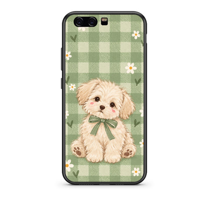 Θήκη Huawei P10 Puppy and Daisies on Sage Gingham από τη Smartfits με σχέδιο στο πίσω μέρος και μαύρο περίβλημα | Huawei P10 Puppy and Daisies on Sage Gingham case with colorful back and black bezels