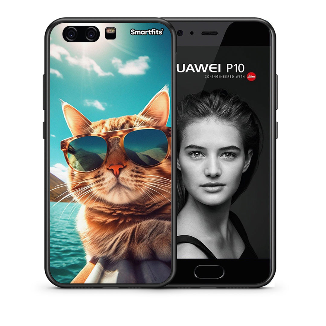 Θήκη Huawei P10 Lite Summer Cat από τη Smartfits με σχέδιο στο πίσω μέρος και μαύρο περίβλημα | Huawei P10 Lite Summer Cat case with colorful back and black bezels