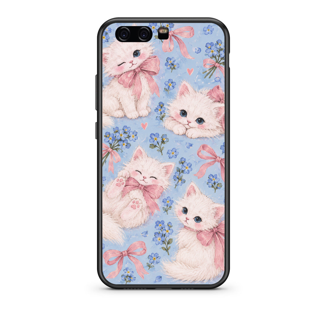 Θήκη Huawei P10 White Kittens and Blue Flowers Large από τη Smartfits με σχέδιο στο πίσω μέρος και μαύρο περίβλημα | Huawei P10 White Kittens and Blue Flowers Large case with colorful back and black bezels