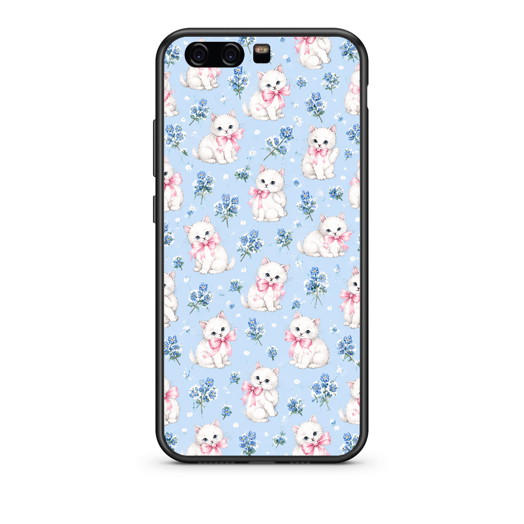 Θήκη Huawei P10 White Kittens and Blue Flowers Small από τη Smartfits με σχέδιο στο πίσω μέρος και μαύρο περίβλημα | Huawei P10 White Kittens and Blue Flowers Small case with colorful back and black bezels