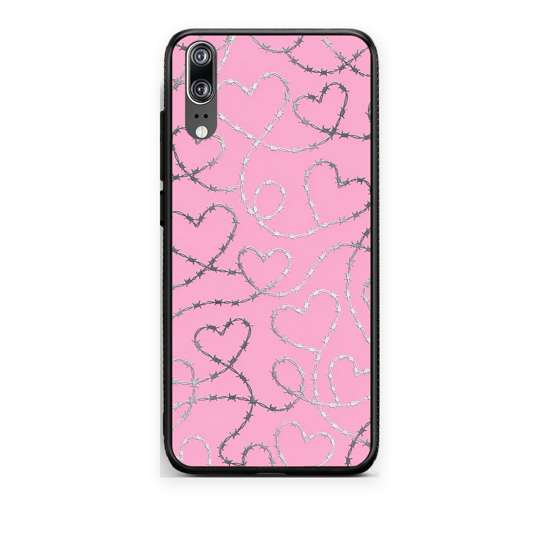 Θήκη Huawei P20 Barbed Wire Hearts on Pink από τη Smartfits με σχέδιο στο πίσω μέρος και μαύρο περίβλημα | Huawei P20 Barbed Wire Hearts on Pink case with colorful back and black bezels