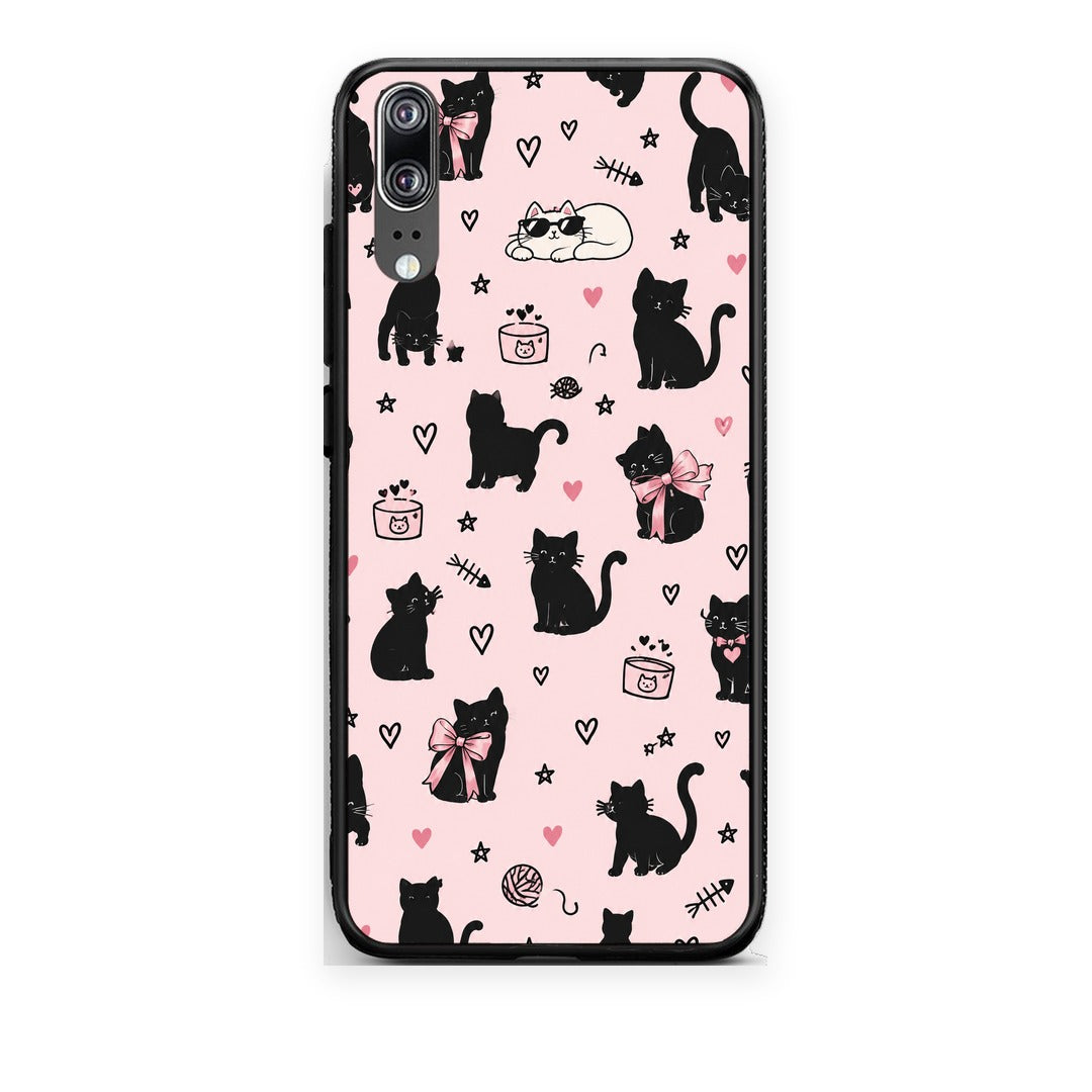 Θήκη Huawei P20 Black Cat Doodles on Pink από τη Smartfits με σχέδιο στο πίσω μέρος και μαύρο περίβλημα | Huawei P20 Black Cat Doodles on Pink case with colorful back and black bezels