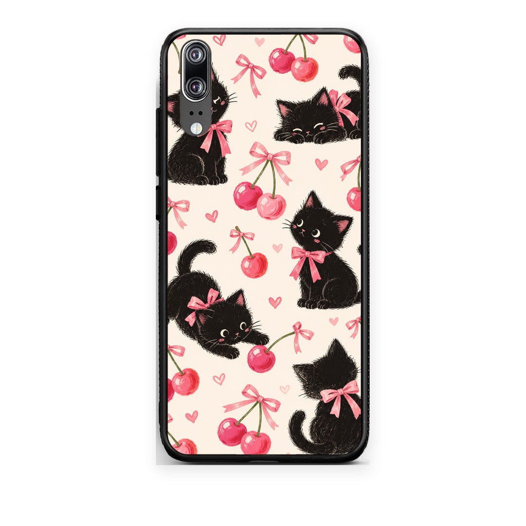 Θήκη Huawei P20 Black Kittens and Cherries on Cream από τη Smartfits με σχέδιο στο πίσω μέρος και μαύρο περίβλημα | Huawei P20 Black Kittens and Cherries on Cream case with colorful back and black bezels