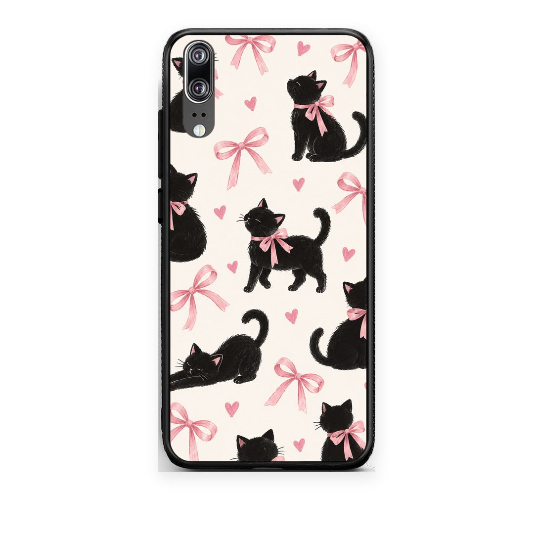 Θήκη Huawei P20 Black Kittens and Pink Bows on Cream Large από τη Smartfits με σχέδιο στο πίσω μέρος και μαύρο περίβλημα | Huawei P20 Black Kittens and Pink Bows on Cream Large case with colorful back and black bezels