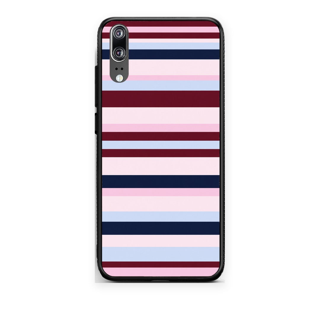 Θήκη Huawei P20 Burgundy Pink and Blue Horizontal Stripes από τη Smartfits με σχέδιο στο πίσω μέρος και μαύρο περίβλημα | Huawei P20 Burgundy Pink and Blue Horizontal Stripes case with colorful back and black bezels
