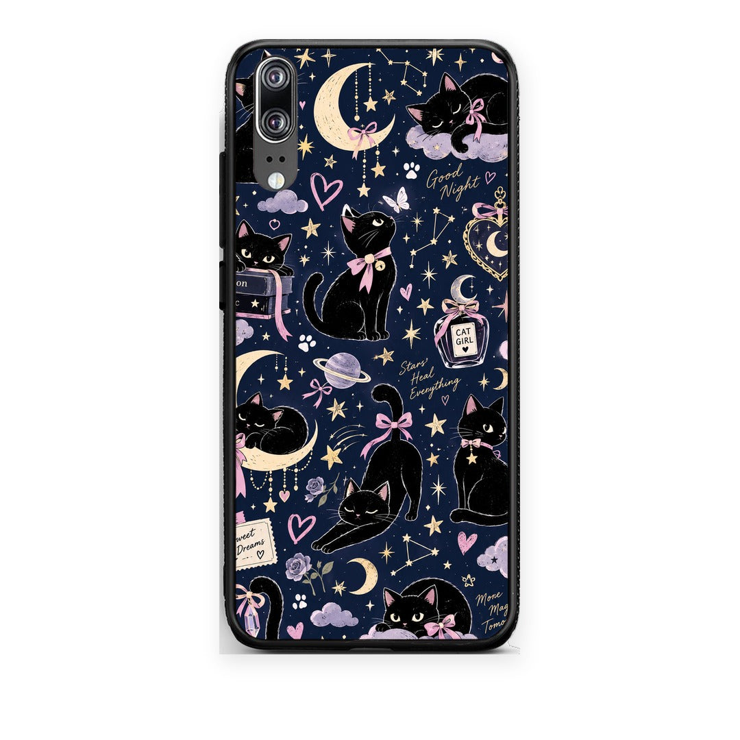 Θήκη Huawei P20 Celestial Black Cats on Navy από τη Smartfits με σχέδιο στο πίσω μέρος και μαύρο περίβλημα | Huawei P20 Celestial Black Cats on Navy case with colorful back and black bezels
