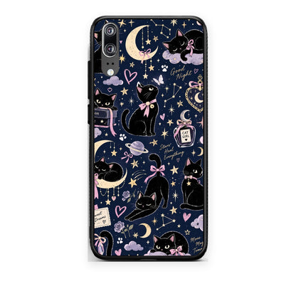 Θήκη Huawei P20 Celestial Black Cats on Navy από τη Smartfits με σχέδιο στο πίσω μέρος και μαύρο περίβλημα | Huawei P20 Celestial Black Cats on Navy case with colorful back and black bezels