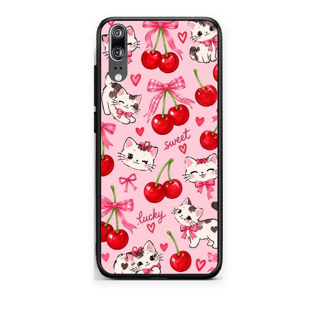 Θήκη Huawei P20 Cherries Bows and Kittens on Pink από τη Smartfits με σχέδιο στο πίσω μέρος και μαύρο περίβλημα | Huawei P20 Cherries Bows and Kittens on Pink case with colorful back and black bezels