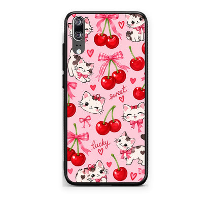 Θήκη Huawei P20 Cherries Bows and Kittens on Pink από τη Smartfits με σχέδιο στο πίσω μέρος και μαύρο περίβλημα | Huawei P20 Cherries Bows and Kittens on Pink case with colorful back and black bezels