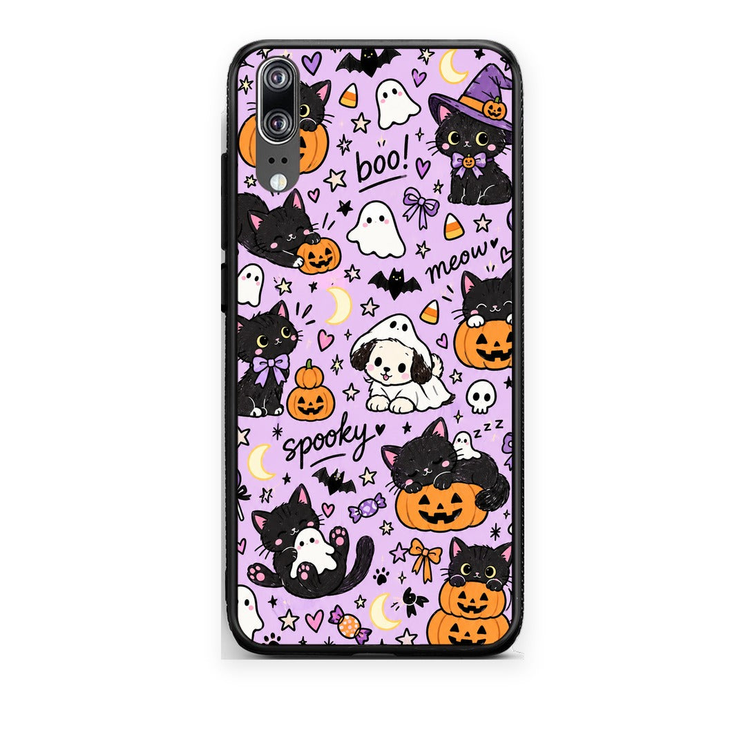 Θήκη Huawei P20 Halloween Black Cats on Lilac από τη Smartfits με σχέδιο στο πίσω μέρος και μαύρο περίβλημα | Huawei P20 Halloween Black Cats on Lilac case with colorful back and black bezels