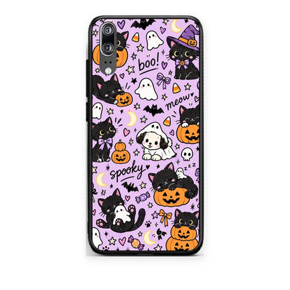Θήκη Huawei P20 Halloween Black Cats on Lilac από τη Smartfits με σχέδιο στο πίσω μέρος και μαύρο περίβλημα | Huawei P20 Halloween Black Cats on Lilac case with colorful back and black bezels
