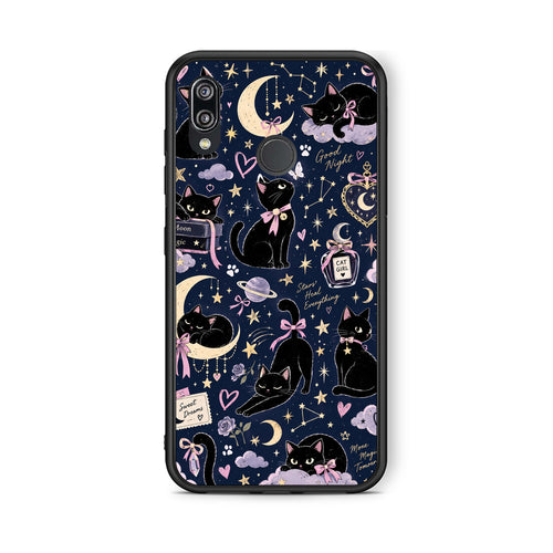 Θήκη Huawei P20 Lite Celestial Black Cats on Navy από τη Smartfits με σχέδιο στο πίσω μέρος και μαύρο περίβλημα | Huawei P20 Lite Celestial Black Cats on Navy case with colorful back and black bezels