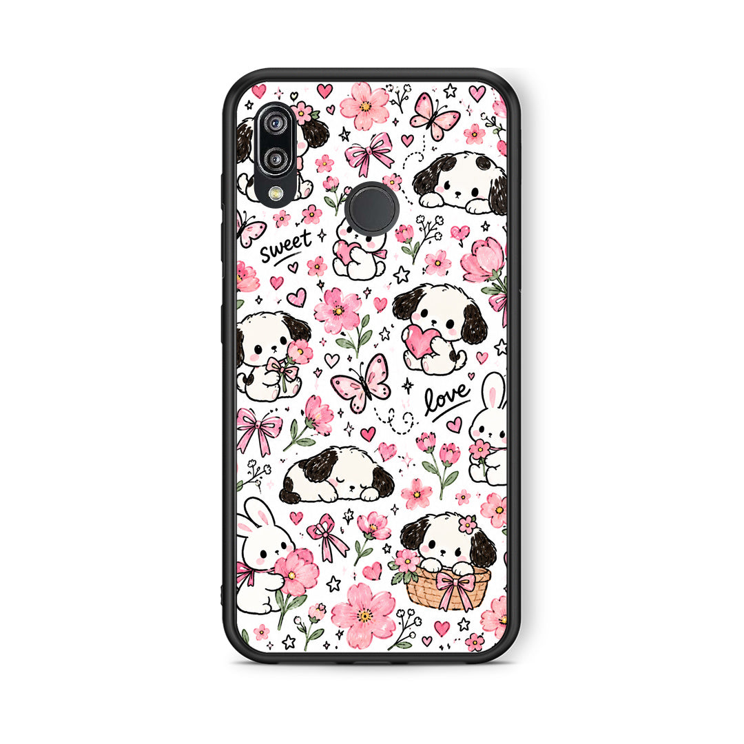 Θήκη Huawei P20 Lite Pink Florals Puppies and Bunnies on White από τη Smartfits με σχέδιο στο πίσω μέρος και μαύρο περίβλημα | Huawei P20 Lite Pink Florals Puppies and Bunnies on White case with colorful back and black bezels