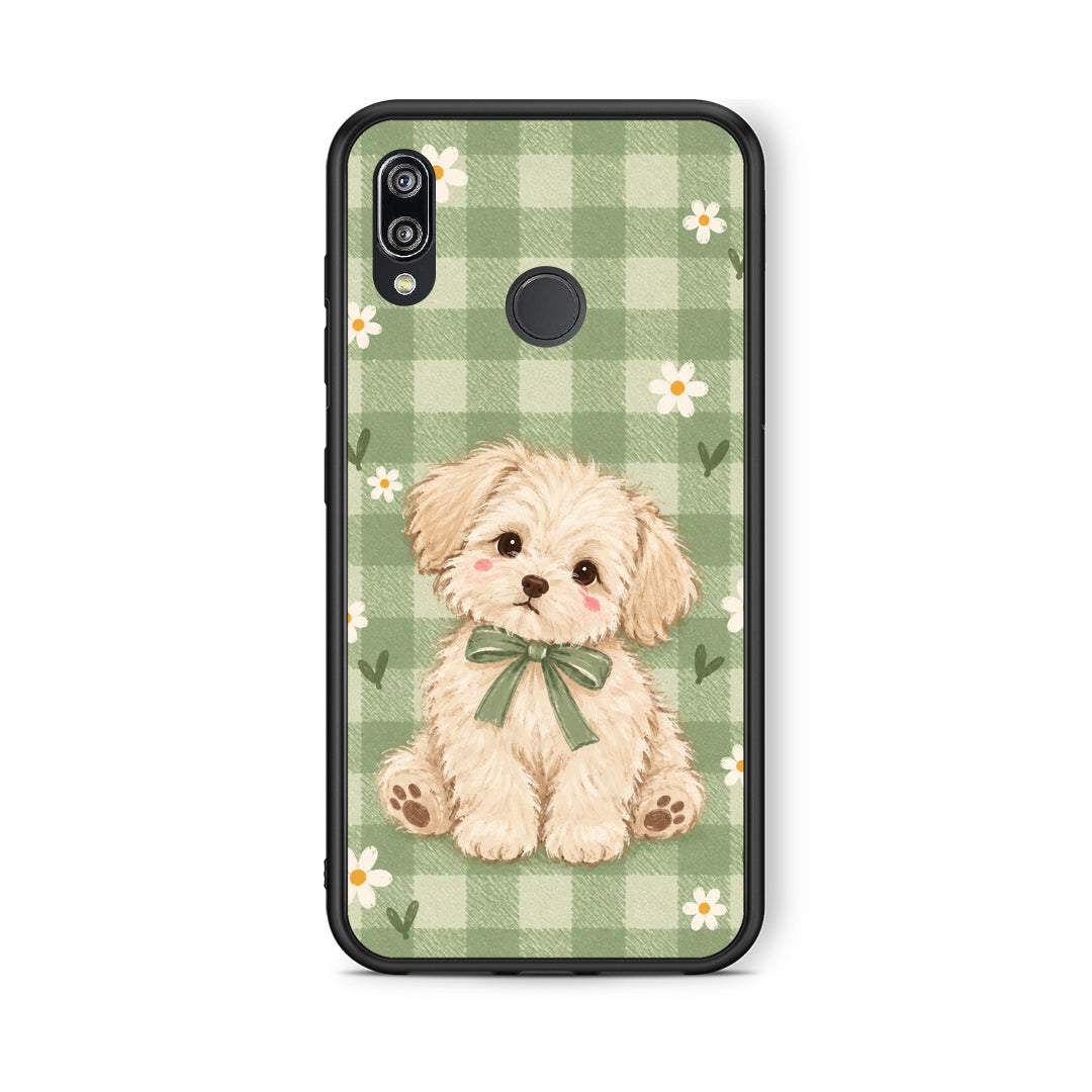 Θήκη Huawei P20 Lite Puppy and Daisies on Sage Gingham από τη Smartfits με σχέδιο στο πίσω μέρος και μαύρο περίβλημα | Huawei P20 Lite Puppy and Daisies on Sage Gingham case with colorful back and black bezels