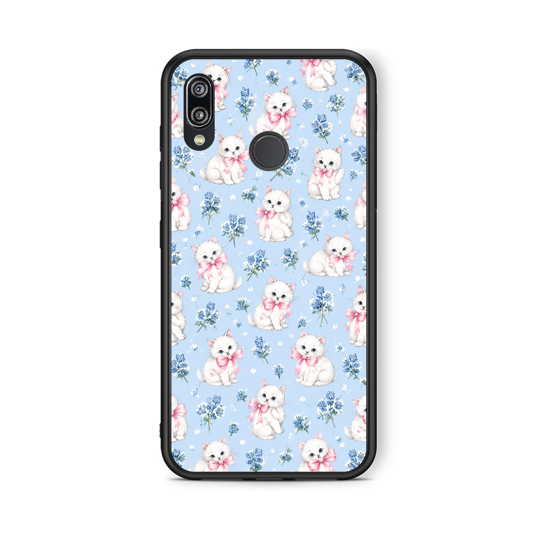 Θήκη Huawei P20 Lite White Kittens and Blue Flowers Small από τη Smartfits με σχέδιο στο πίσω μέρος και μαύρο περίβλημα | Huawei P20 Lite White Kittens and Blue Flowers Small case with colorful back and black bezels