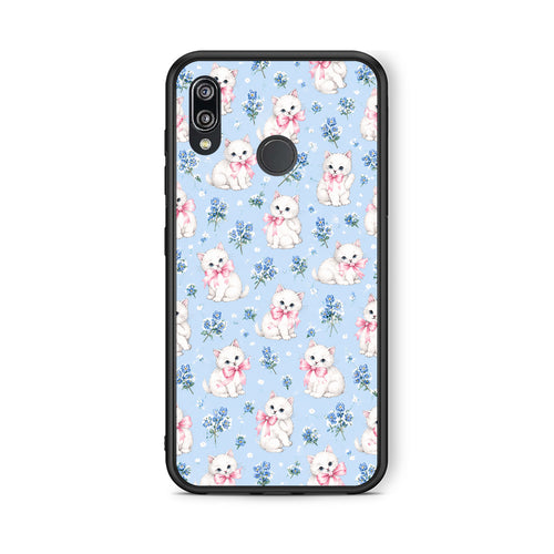 Θήκη Huawei P20 Lite White Kittens and Blue Flowers Small από τη Smartfits με σχέδιο στο πίσω μέρος και μαύρο περίβλημα | Huawei P20 Lite White Kittens and Blue Flowers Small case with colorful back and black bezels