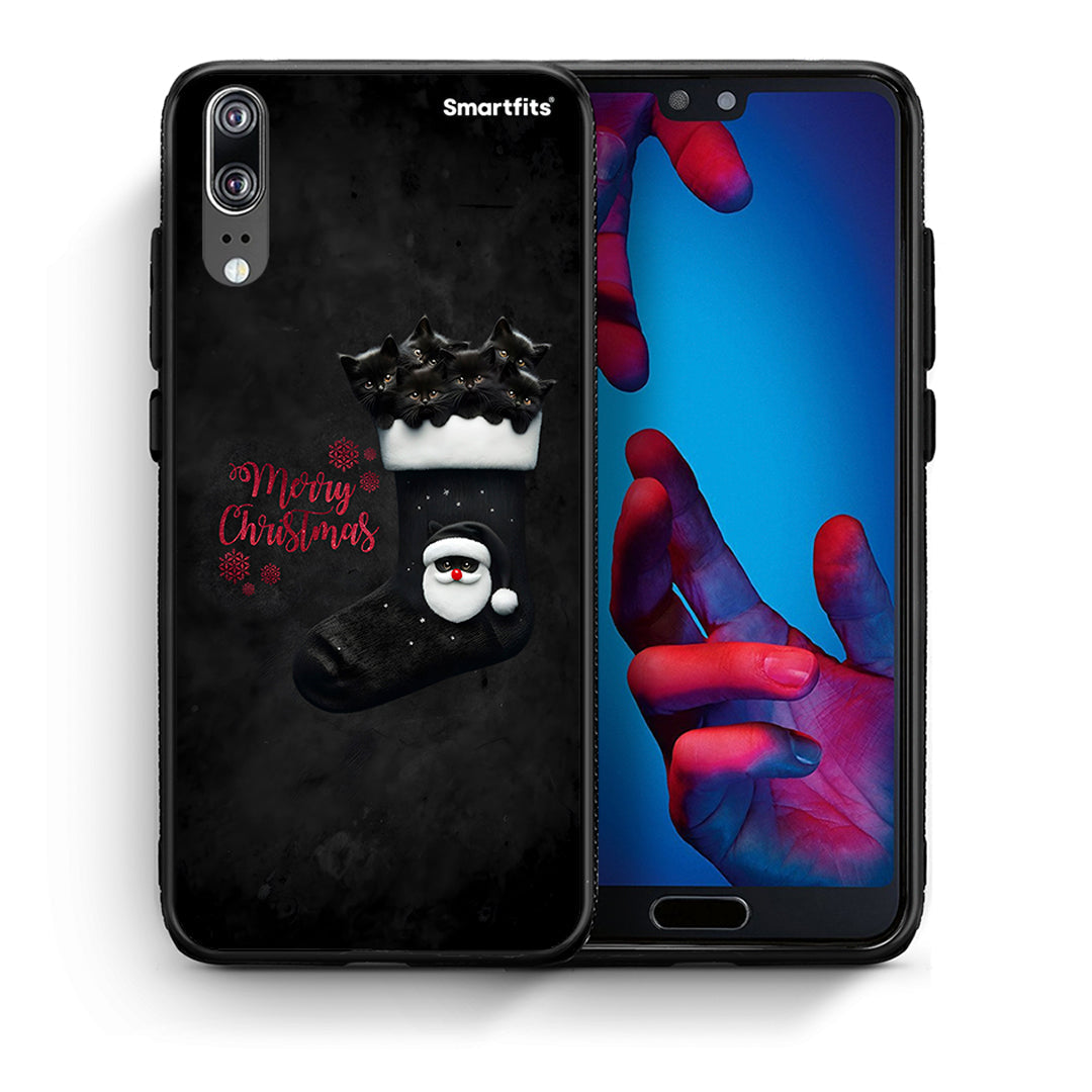 Θήκη Huawei P20 Merry Cat Christmas από τη Smartfits με σχέδιο στο πίσω μέρος και μαύρο περίβλημα | Huawei P20 Merry Cat Christmas case with colorful back and black bezels