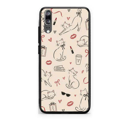 Θήκη Huawei P20 Minimal Cat and Fashion Doodles on Cream από τη Smartfits με σχέδιο στο πίσω μέρος και μαύρο περίβλημα | Huawei P20 Minimal Cat and Fashion Doodles on Cream case with colorful back and black bezels