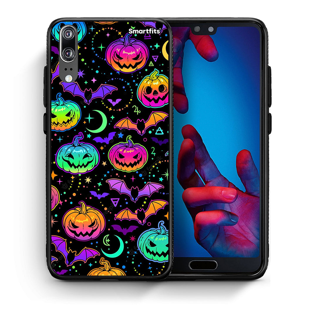 Θήκη Huawei P20 Neon Halloween από τη Smartfits με σχέδιο στο πίσω μέρος και μαύρο περίβλημα | Huawei P20 Neon Halloween case with colorful back and black bezels