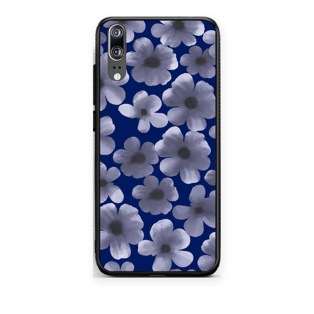 Θήκη Huawei P20 Pale Blue Flowers on Navy από τη Smartfits με σχέδιο στο πίσω μέρος και μαύρο περίβλημα | Huawei P20 Pale Blue Flowers on Navy case with colorful back and black bezels