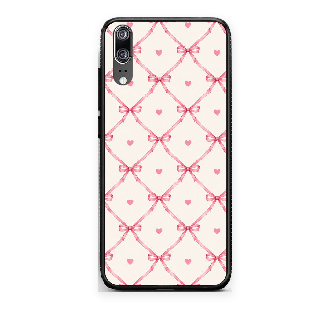 Θήκη Huawei P20 Pink Bow Lattice and Hearts on Cream από τη Smartfits με σχέδιο στο πίσω μέρος και μαύρο περίβλημα | Huawei P20 Pink Bow Lattice and Hearts on Cream case with colorful back and black bezels