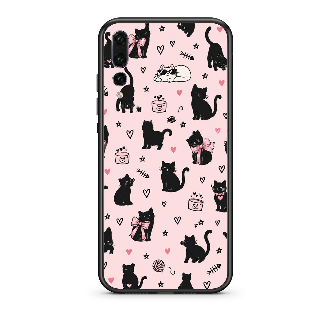 Θήκη Huawei P20 Pro Black Cat Doodles on Pink από τη Smartfits με σχέδιο στο πίσω μέρος και μαύρο περίβλημα | Huawei P20 Pro Black Cat Doodles on Pink case with colorful back and black bezels