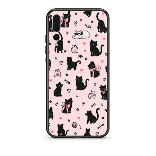 Θήκη Huawei P20 Pro Black Cat Doodles on Pink από τη Smartfits με σχέδιο στο πίσω μέρος και μαύρο περίβλημα | Huawei P20 Pro Black Cat Doodles on Pink case with colorful back and black bezels
