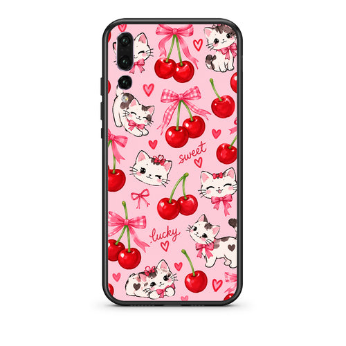 Θήκη Huawei P20 Pro Cherries Bows and Kittens on Pink από τη Smartfits με σχέδιο στο πίσω μέρος και μαύρο περίβλημα | Huawei P20 Pro Cherries Bows and Kittens on Pink case with colorful back and black bezels