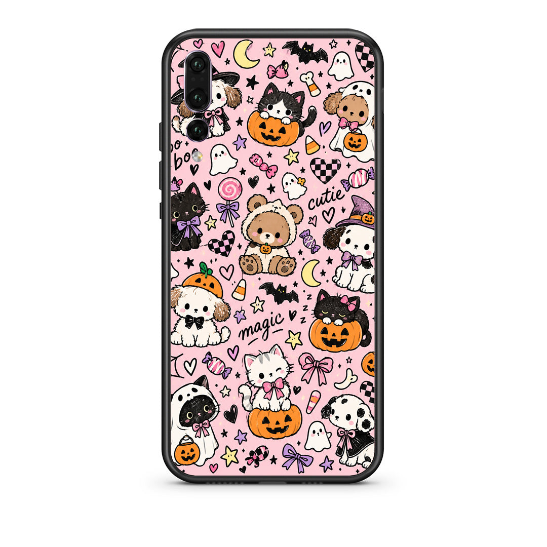 Θήκη Huawei P20 Pro Halloween Cute Animals on Pink από τη Smartfits με σχέδιο στο πίσω μέρος και μαύρο περίβλημα | Huawei P20 Pro Halloween Cute Animals on Pink case with colorful back and black bezels