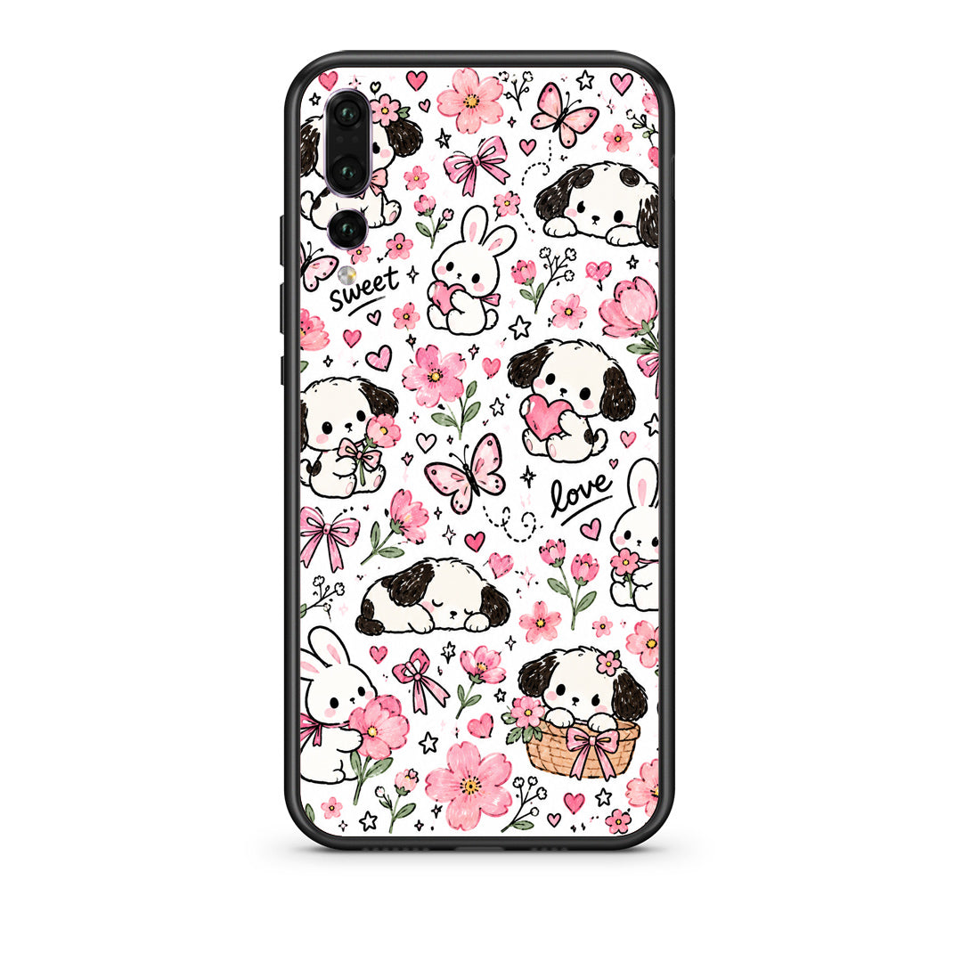 Θήκη Huawei P20 Pro Pink Florals Puppies and Bunnies on White από τη Smartfits με σχέδιο στο πίσω μέρος και μαύρο περίβλημα | Huawei P20 Pro Pink Florals Puppies and Bunnies on White case with colorful back and black bezels