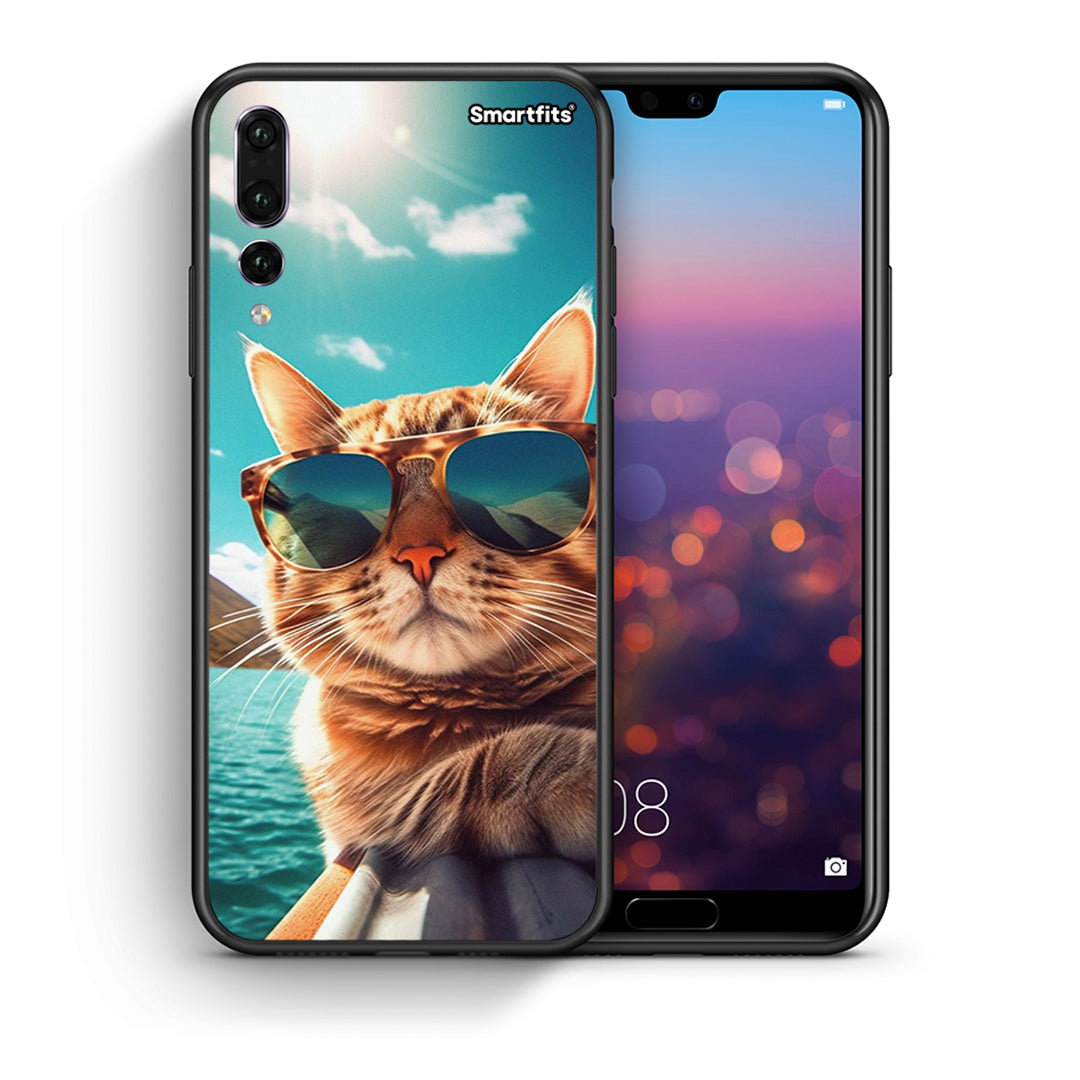 Θήκη Huawei P20 Pro Summer Cat από τη Smartfits με σχέδιο στο πίσω μέρος και μαύρο περίβλημα | Huawei P20 Pro Summer Cat case with colorful back and black bezels