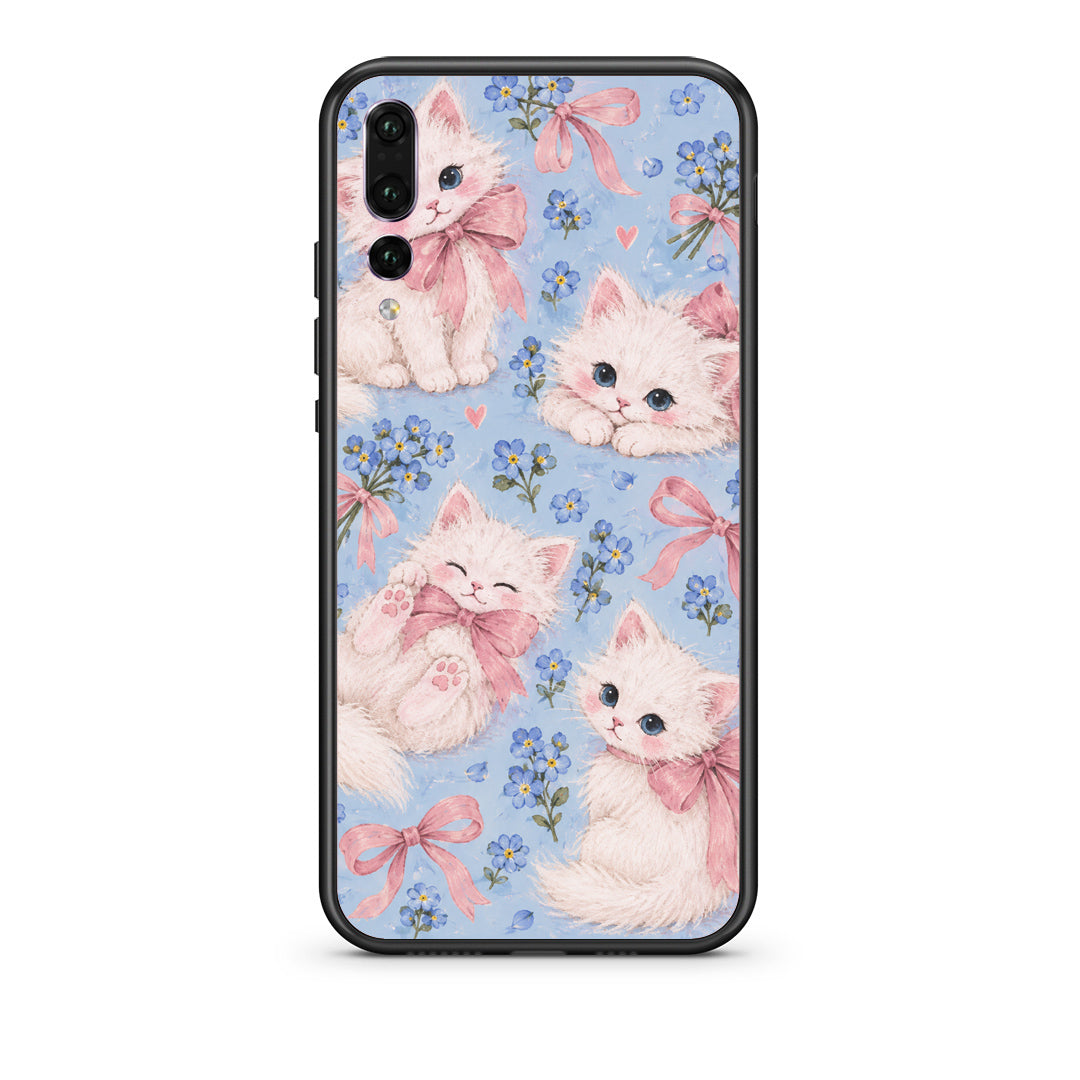 Θήκη Huawei P20 Pro White Kittens and Blue Flowers Large από τη Smartfits με σχέδιο στο πίσω μέρος και μαύρο περίβλημα | Huawei P20 Pro White Kittens and Blue Flowers Large case with colorful back and black bezels