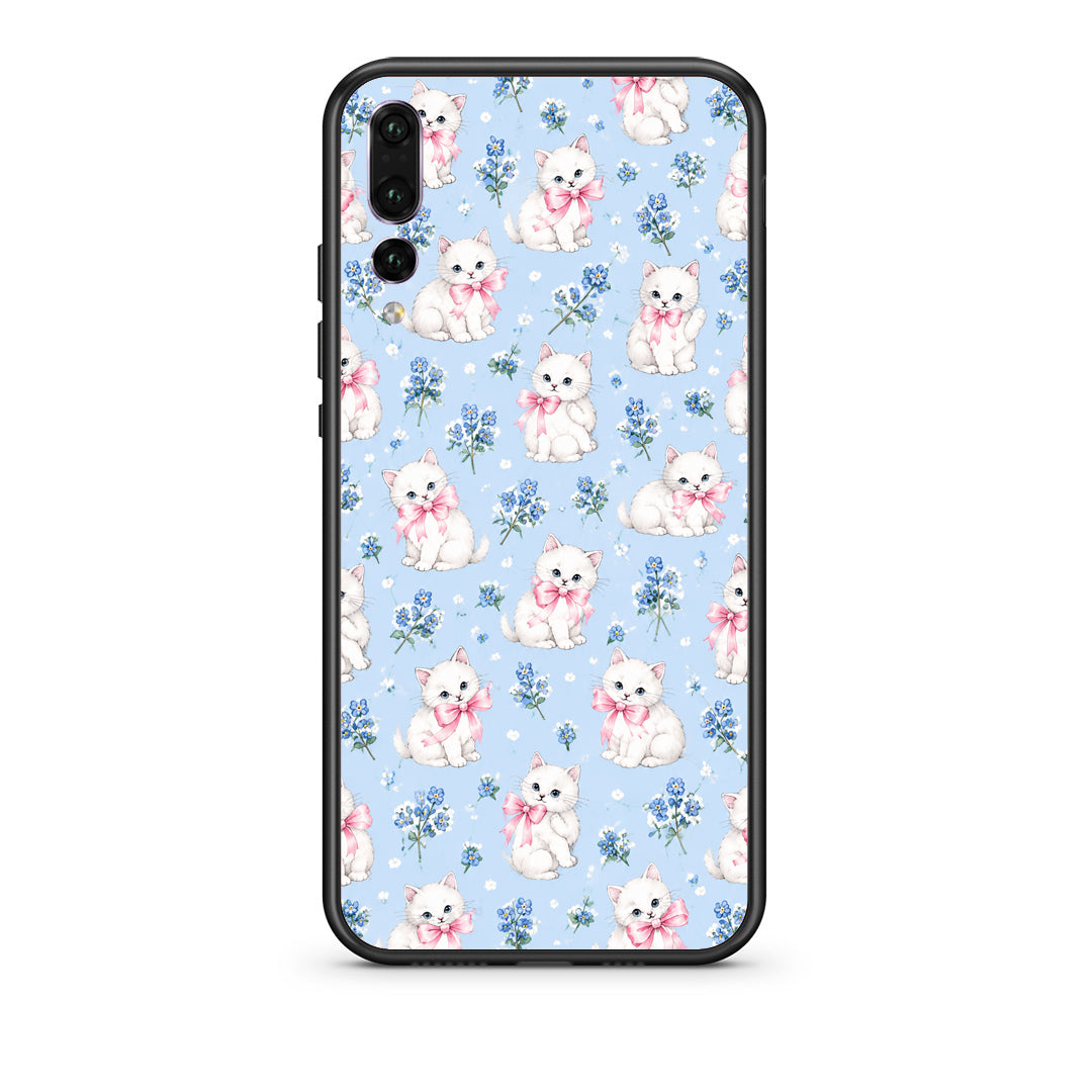 Θήκη Huawei P20 Pro White Kittens and Blue Flowers Small από τη Smartfits με σχέδιο στο πίσω μέρος και μαύρο περίβλημα | Huawei P20 Pro White Kittens and Blue Flowers Small case with colorful back and black bezels
