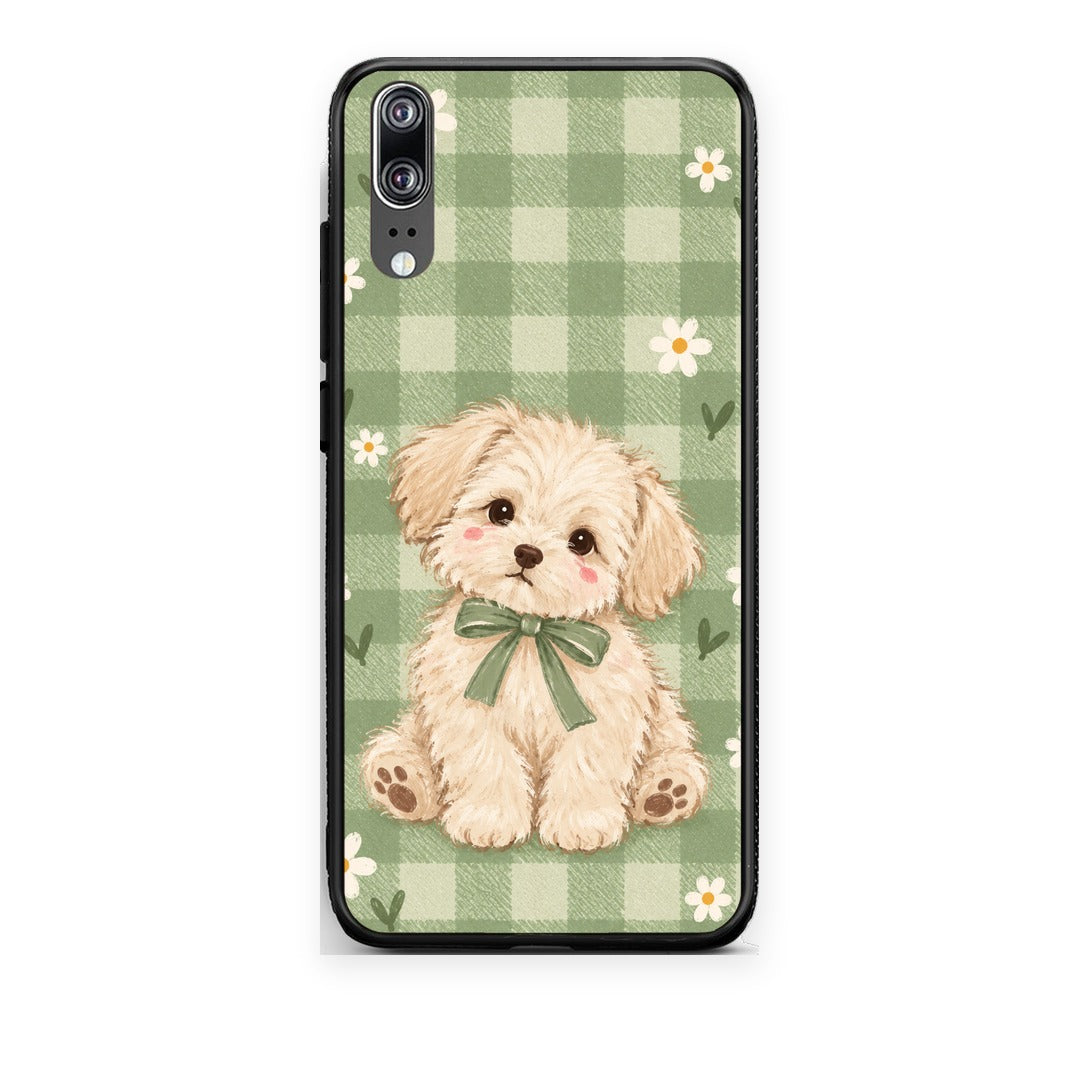 Θήκη Huawei P20 Puppy and Daisies on Sage Gingham από τη Smartfits με σχέδιο στο πίσω μέρος και μαύρο περίβλημα | Huawei P20 Puppy and Daisies on Sage Gingham case with colorful back and black bezels