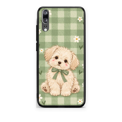 Θήκη Huawei P20 Puppy and Daisies on Sage Gingham από τη Smartfits με σχέδιο στο πίσω μέρος και μαύρο περίβλημα | Huawei P20 Puppy and Daisies on Sage Gingham case with colorful back and black bezels