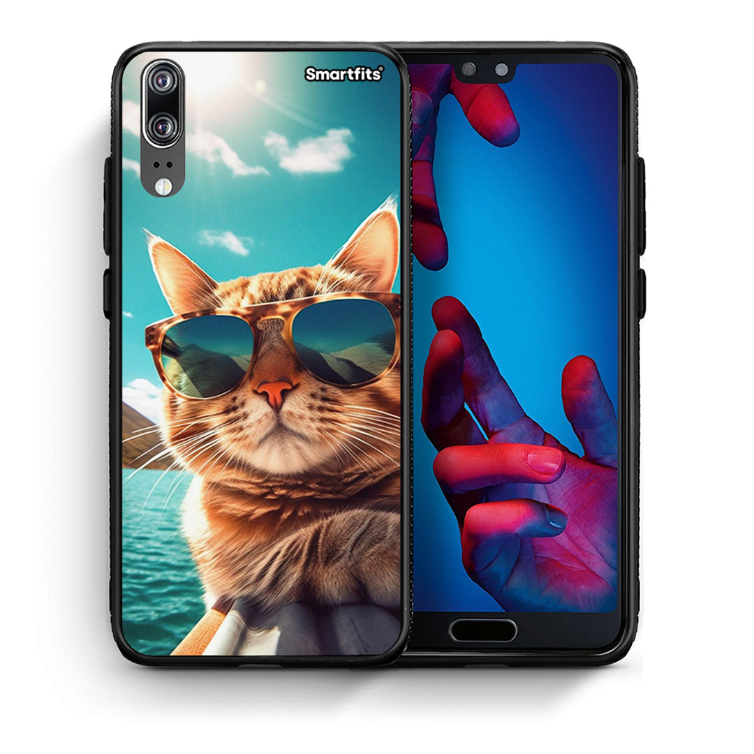 Θήκη Huawei P20 Summer Cat από τη Smartfits με σχέδιο στο πίσω μέρος και μαύρο περίβλημα | Huawei P20 Summer Cat case with colorful back and black bezels