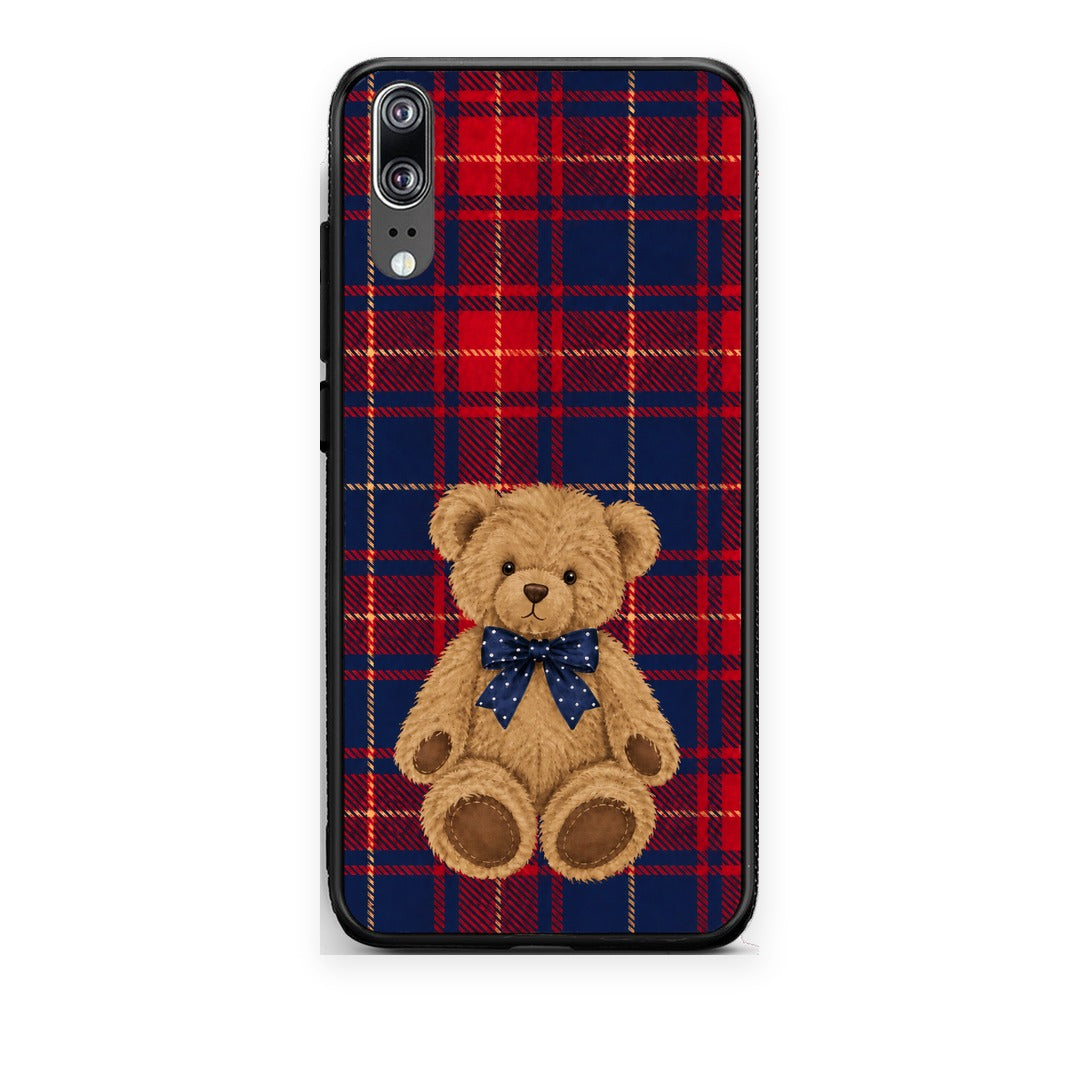 Θήκη Huawei P20 Teddy Bear on Red and Navy Tartan από τη Smartfits με σχέδιο στο πίσω μέρος και μαύρο περίβλημα | Huawei P20 Teddy Bear on Red and Navy Tartan case with colorful back and black bezels